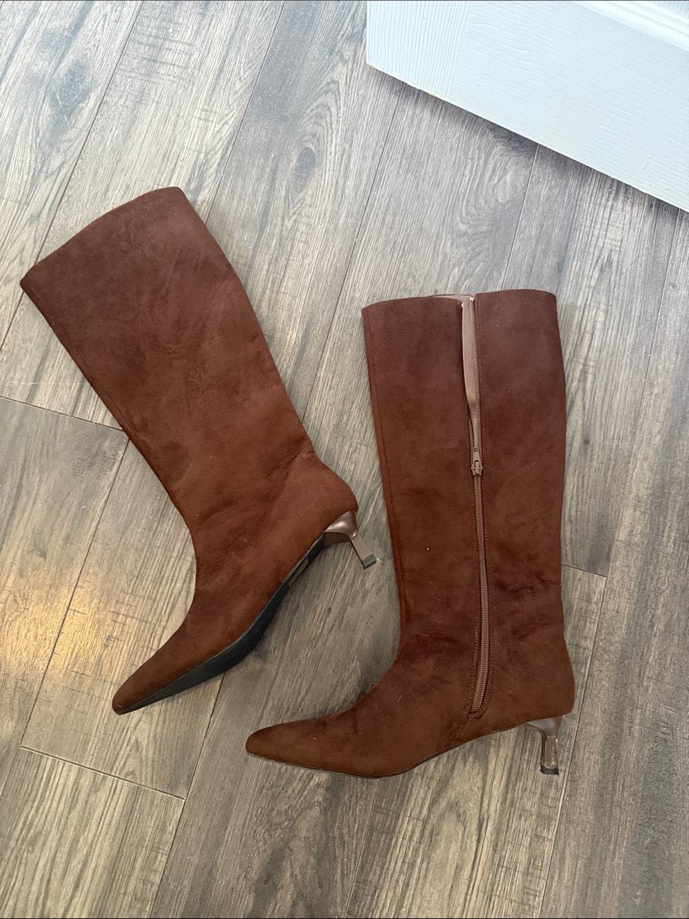 Brown MicroSued Knee-High Kitten Heeled Boots - Women's